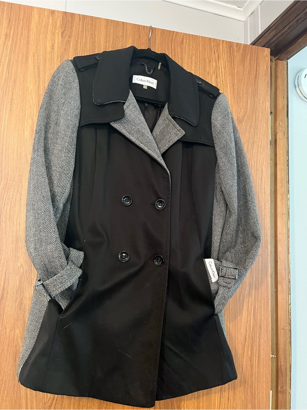 Calvin Klein Black Trench Coat with Gray Herringbone Sleeves